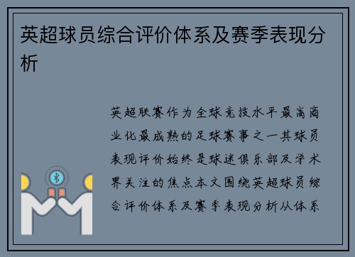 英超球员综合评价体系及赛季表现分析