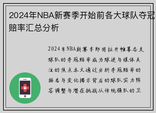 2024年NBA新赛季开始前各大球队夺冠赔率汇总分析